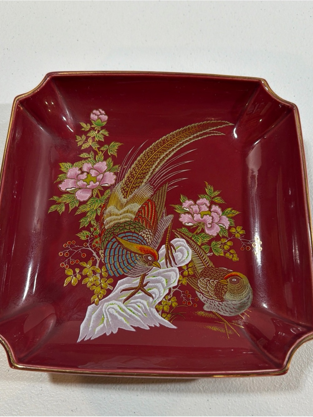 Vintage Japanese Square Console Bowl With Pheasant Motif.